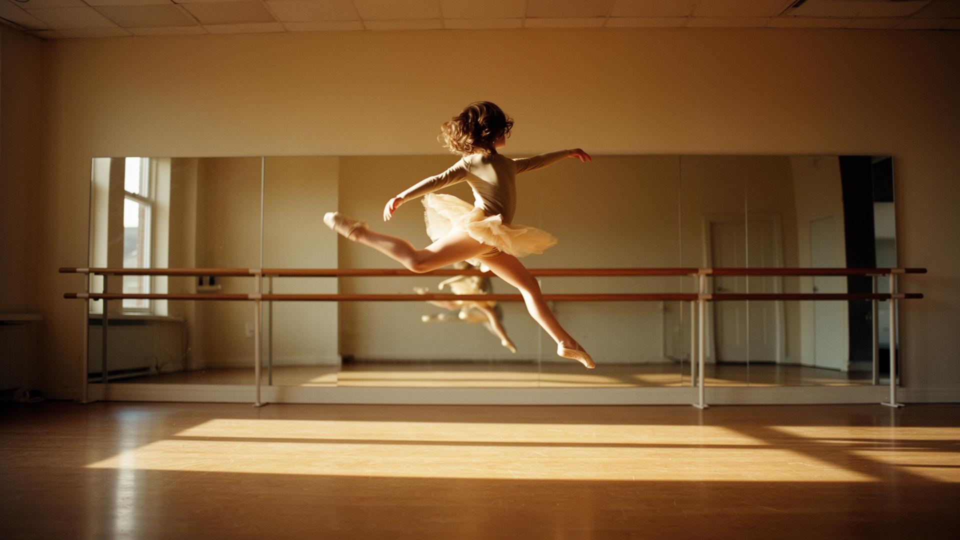 A dancer mid-leap in a sunlit studio